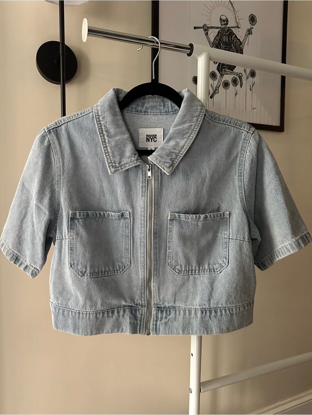 Madewell Light Wash Denim Zip-Front Crop Shirt - Light Blue